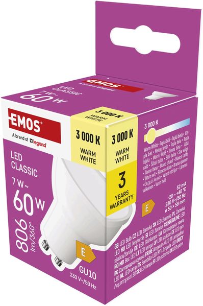 EMOS LED Lampe Spot, MR16 mit GU10 Sockel, 7W Ersatz für 60W Halogenlampe, Helligkeit 806 lm, Warmweiß 3000 K, 30000 h Lebensdauer, CRI min. 80, 100° Abstrahlwinkel, weiße Farbe