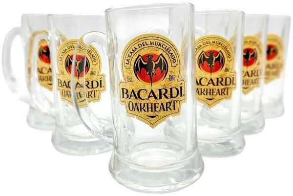 Bacardi GmbH Longdrinkglas Bacardi Oakheart Rumglas 29,5 cl mit Henkel, Original Tankard Glas, 6-tlg, Robust, Original Bacardi-Design