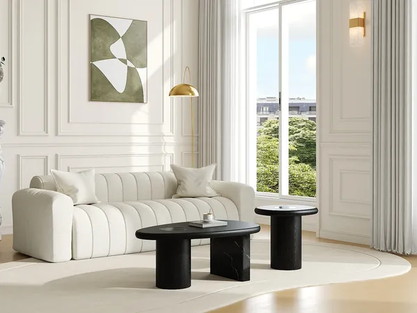Vente-unique - MARSULA Couchtisch Holz, PlatteMarmor Schwarz - B 60 cm x H 40,5 cm x L 100 cm
