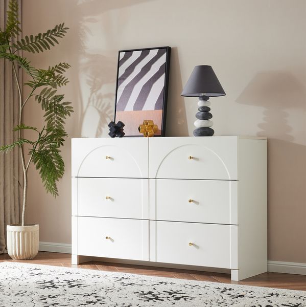 Cremeweißes Sideboard Mit 6 Schubladen Romantischer Luxus Stil Mit Geschwungenen Bögen Und Metallgriffen Aufbewahrungskommode Mit Kippsicherung 120cm Breit Für Schlafzimmer Wohnzimmer Kleiderschrank, 82cmx40cmx120cm, Weiß