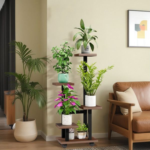 Simloveve Blumenständer Pflanzenständer aus Holz und Metall Pflanzentreppe Blumentreppe (blumenständer mit 4 Rollen), Outdoor Indoor Blumenregal für Wohnzimmer, Balkon und Büro