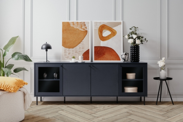 Caracas 57A Lowboard, Navy blau | Lowboard für Wohnzimmer | Maß: B x H x T ca. 180 x 68 x 40 cm | Lowboard mit 2 Glasrahmentüren, 2 Türen und 4 Einlegeböden