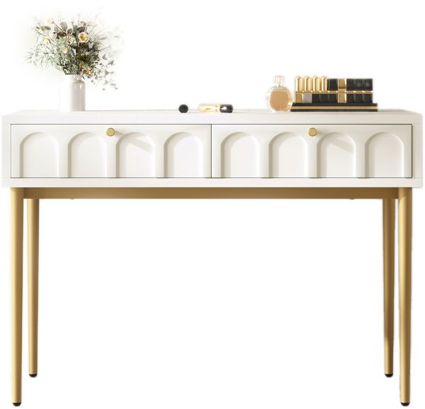 Schminktisch mit 2 Schubladen, creme-weiße Kommode mit gewölbten Fronten, B100 x H76.5 x T45 cm