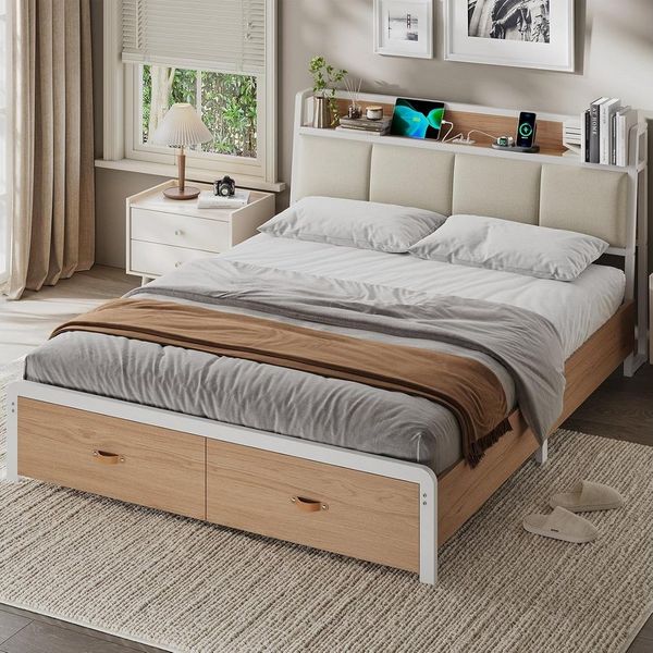 KIMENICH Metallbett Bettgestell mit Ladestation und 2 Schubladen, Jugendbett (1-tlg, Ohne Matratze), 140x190cm, Weiß + Natur