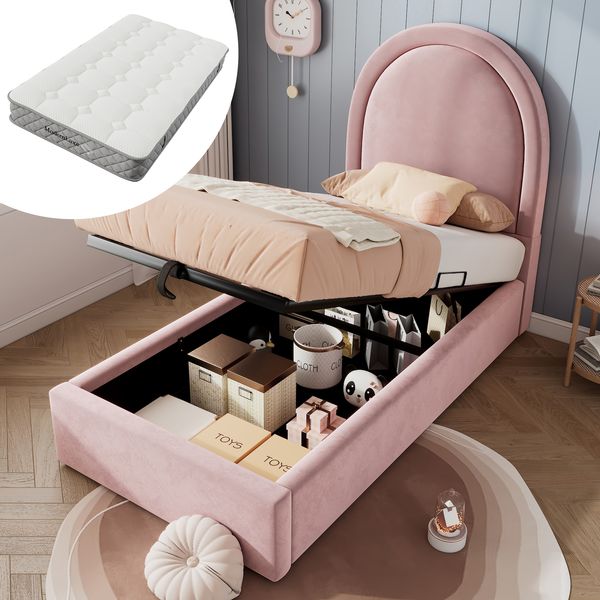 Kindereinzelbett 90×200 cm aus Samt-Stoff mit Matratze und Stauraum, rosa