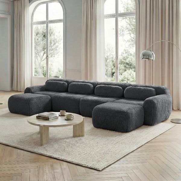Flieks 4-Sitzer Sofa, U-förmiges Sofa, Schlafsofa, rahmenlos modular mit 2 Ottoman & 4 Kissen, rutschfester Boden, Plüsch, Grau