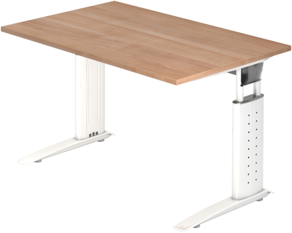 bümö höhenverstellbarer Schreibtisch U-Serie 120x80 Nussbaum, Gestell in weiß - PC Tisch klein für's Büro manuell höhenverstellbar, Computertisch verstellbar, US-12-N-W