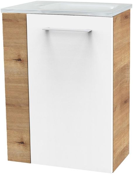 FACKELMANN SBC MILANO Gäste WC Waschtisch Set 45 cm breit, Weiß/Braun hell, Waschbecken Glas Weiß, Türanschlag rechts