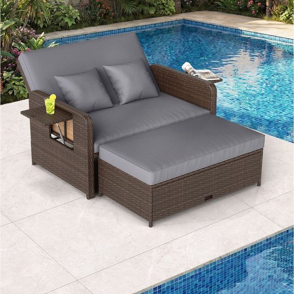COSTWAY Loungebett, Rattan, 2-Personen, 3 in 1, mit verstellbarer Rückenlehne