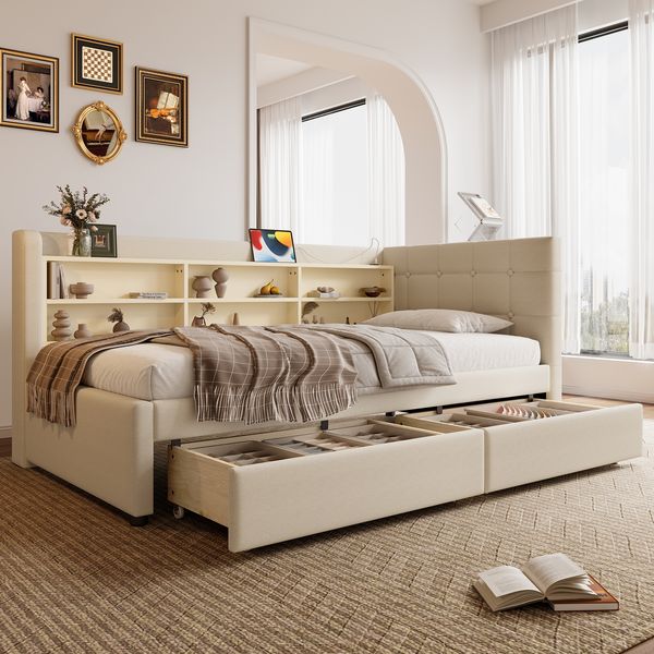 Daybett 90x200 cm mit 2 Schubladen, USB- & Typ-C-Anschlüssen, gepolstertem Leinenbezug und elegantem Knopfdesign, Beige