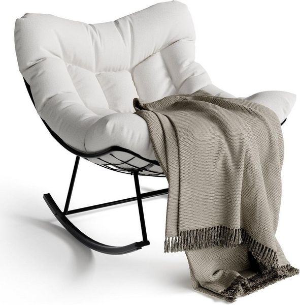 GarveeMore Schaukelstuhl mit dickem Kissen & Metallrahmen,Relaxsessel für Garten und Hinterhof, übergroßer Schaukelstuhl in Eierform für Terrasse,Balkon,Schlafzimmer