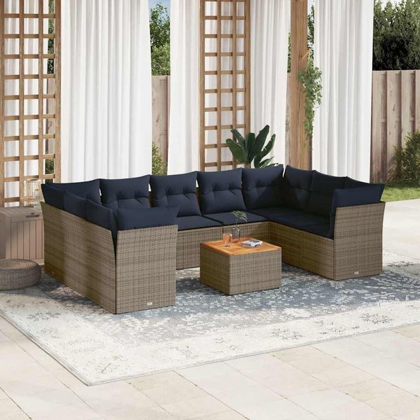 vidaXL 10-tlg. Garten-Sofagarnitur mit Kissen Grau Poly Rattan 3256138