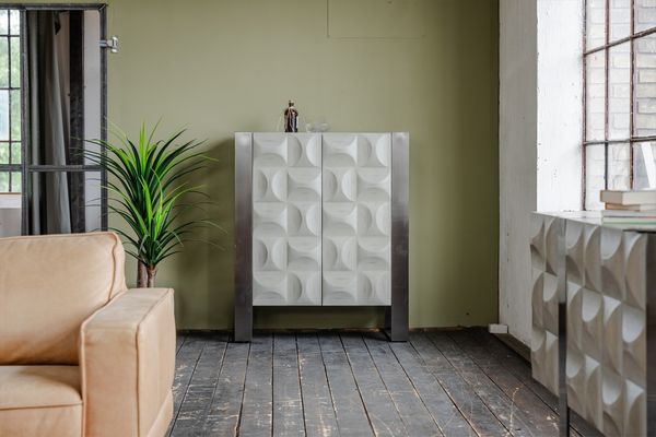 KAWOLA Highboard MARGO 2 Türen Ulme furniert grau Fuß Edelstahl gebürstet 120 x 40 x 100 cm