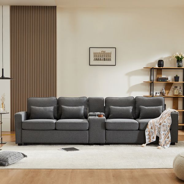 Großes Sofa mit integrierter Ladestation & Lendenkissen, Leinen, 290x83x88 cm, Dunkelgrau
