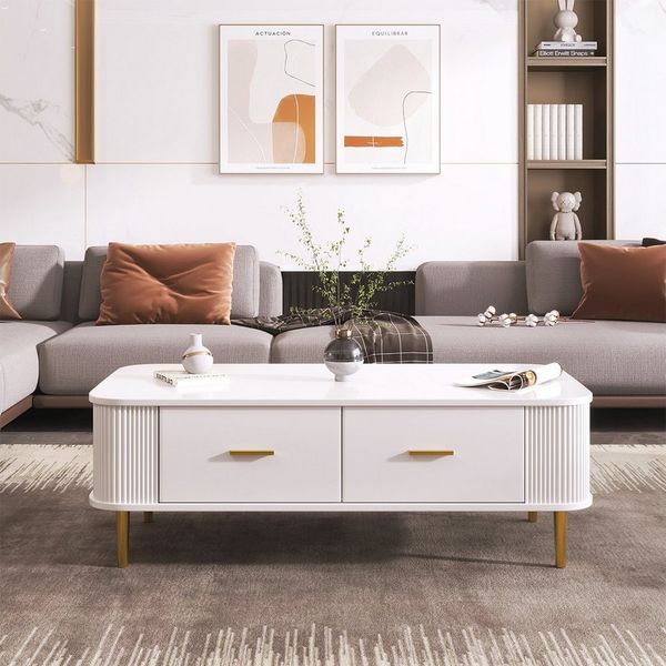 XDeer Couchtisch Couchtisch mit Schubladen Beistelltisch Geschwungenen Ecken, Wohnzimmertisch Goldenen Griffen und Beinen für Wohnzimmer
