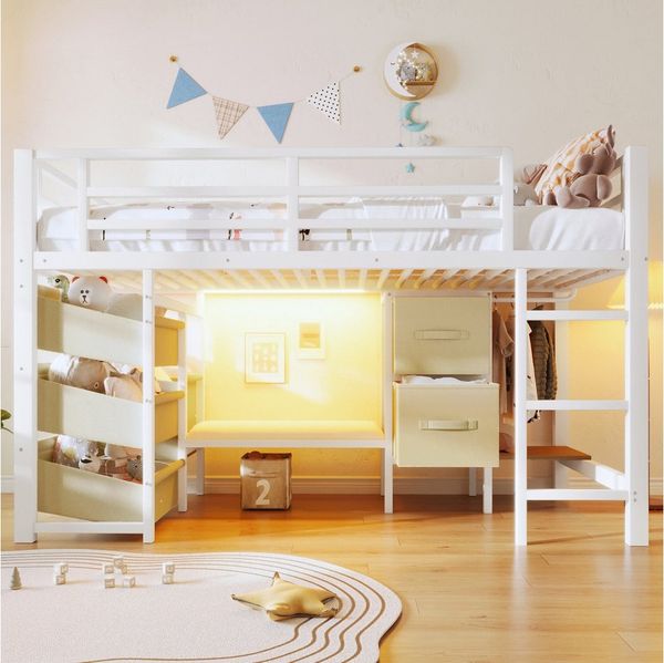 Flieks Hochbett Kinderbett Metallbett 90x200cm mit Stoffschubladen Kleiderbügel LED