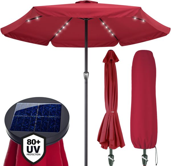Kingsleeve Sonnenschirm LED Beleuchtung UV Schutz 80+ Schhutzhülle Solar Kurbel 330cm wasserabweisend rot