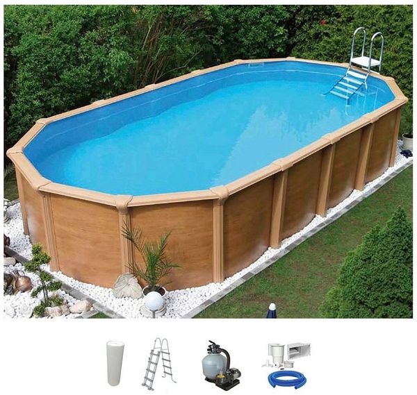 KWAD Ovalpool Wood Design inkl. Sicherheitsleiter & Zubehör (Set, 5-tlg), 5-tlg, Höhe: 132 cm, sandfarbene Innenfolie