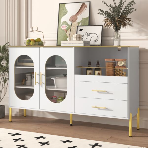 Sideboard 140 x 38 x 90 cm aus MDF in Weiß mit Glastüren, 2 Schubladen & Kabeldurchführungen