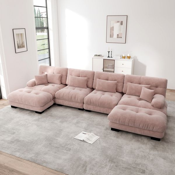 Flieks 4-Sitzer U-sofa, Modular Cloud Schlafsofa aus Chenille mit 4 Lenden- & 2 Dekokissen, breiten Armlehnen & 2 Ottoman, Rosa