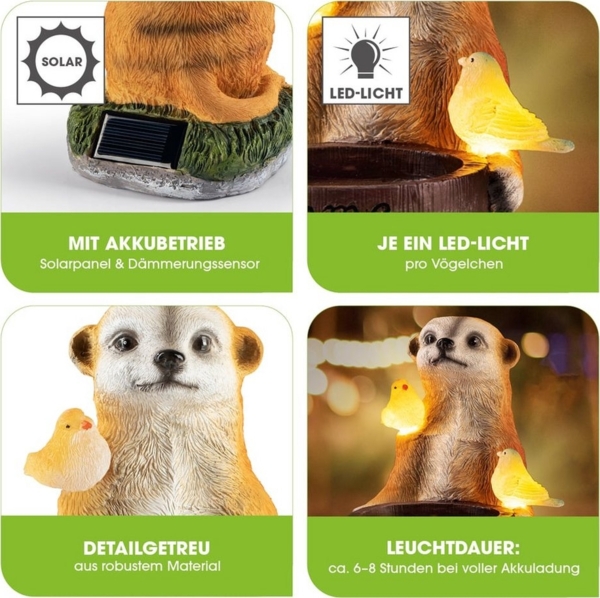 EASYmaxx Solar-LED Erdmännchen als Vogeltränke | Kabellos mit automatischem Tageslichtsensor | Detailgetreu | Dekorativ für Garten, Balkon, Terrasse | 8 Stdn. Leuchtdauer Bild 2