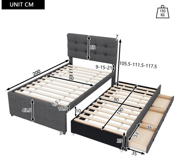 Celya Polsterbett Polsterbett, 90x200cm(90x190cm), Bett mit drei Schubladen (Familienbett, Ausziehbares Rollbett, Verstellbares Kopfteil), Ohne Matratze, Grau