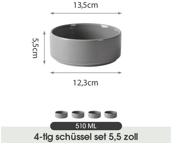 JIWOO Salatschüssel 4er Ø13,5cm, Müslischüssel Suppenschüssel Dessertschale Obstschale, Keramik, (Schüsselset, 4-tlg), Bowl Hochwertiges Schüsseln Grau Schüssel Mikrowellenofen Spülmaschine