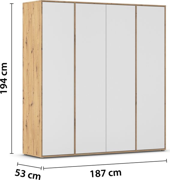 rauch Kleiderschrank Nabila, Drehtürenschrank, Garderobenschrank, 4-türig, mit 1 Kleiderstange und 5 Einlegeböden, Farbe Weiß/Eiche Artisan, Holz, mit Push-to-Open Funktion, 187x194x53cm Bild 4
