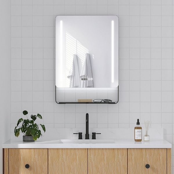 AQUABATOS Spiegel Wandspiegel LED Badspiegel mit Beleuchtung Rechteckspiegel mit Ablage, 50x70 cm & 60x80 cm Badezimmerspiegel 3 Lichtfarben dimmbar Digitaluhr