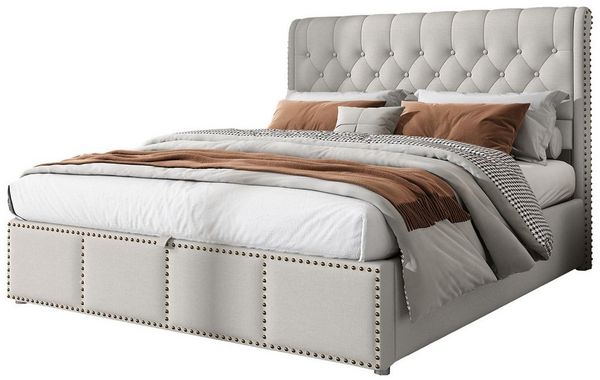 REDOM Polsterbett Doppelbett (160 x 200 cm, ohne Matratze), Baumwolle-Leinen,mit Hydraulikhebel, Aufbewahrung von Bettkästen,Beige