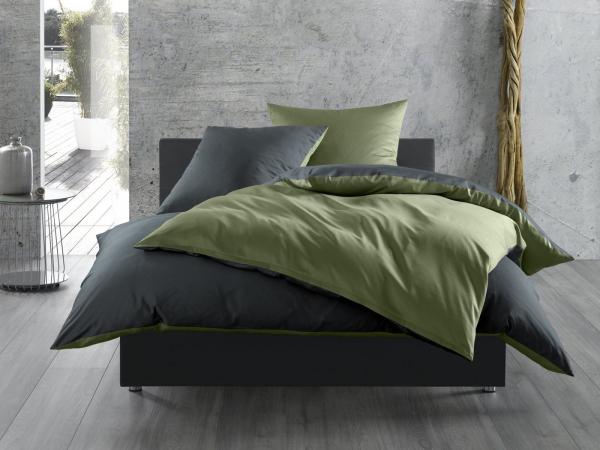 Mako Satin Wende Bettwäsche dunkelgrün anthrazit 200x220 + 2x 80x80