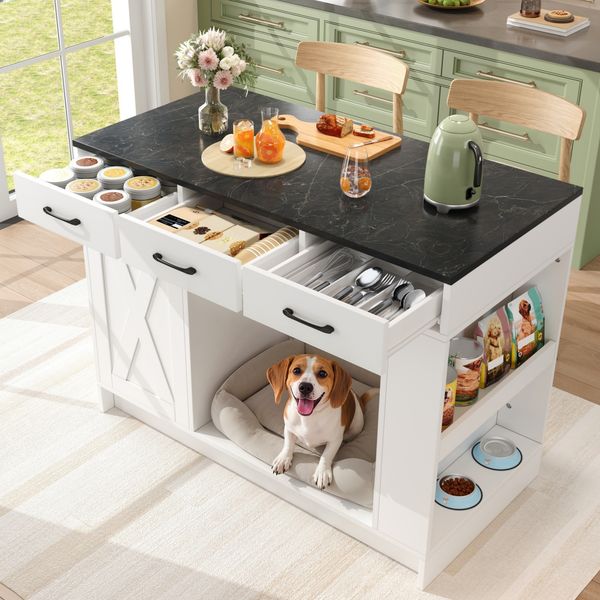 Kücheninsel, Schrank mit 3 Schubladen, 1 Gewürzablage, verstellbare Regalplatte, Doppelablage (ohne Hundefutterteller), geräumiger Haustieraufbewahrungsbereich (ohne Hundekissen), 120*60*90 cm, weiß