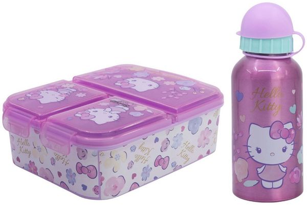 Hello Kitty Lunchbox Hello Kitty 2 tlg. Lunch Set 3 Kammer Brotdose Alu Trinkflasche 400 ml, Kunststoff Aluminium, (3-tlg, Spar-Set)