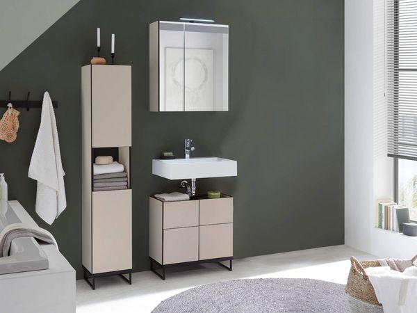 moebel-dich-auf Badmöbel-Set VENEZIA, (inklusive LED-Beleuchtung, kaschmir Spiegelschrank WBU optional mit Hoch-/Highboard), Metall Füße