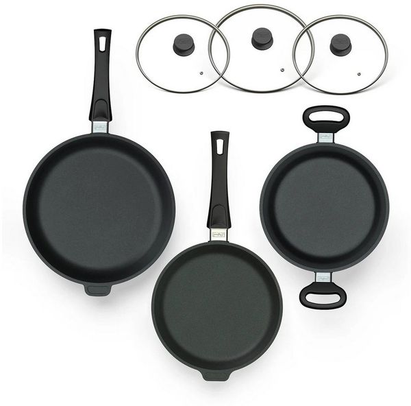 Hoffmann Germany Pfannen-Set Kochgeschirr Bestseller 6-tlg. Ø 24 & 28 cm Deckel – Made in Germany, Aluguss (Set, 6-tlg, 2x Pfanne (24 + 28 cm) + 1x Topf Ø 24 cm + 3x Deckel), abnehmbarer Griff, Antihaft, backofenfest bis 250°C, Induktion