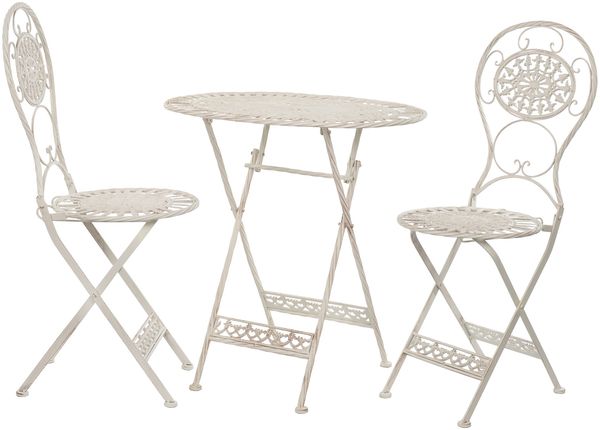 Moritz Bistro Set Tisch oval + 2 Stühle weiß antik 3-teilig Sitzgruppe Balkonmöbel Gartendeko Set Bistrotisch Bistrostühle aus Gusseisen