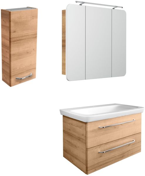 FACKELMANN MILANO Badmöbel Set 4-teilig 88 cm breit, Braun hell, Waschbecken Keramik Weiß + LED Spiegelschrank + Hängeschrank