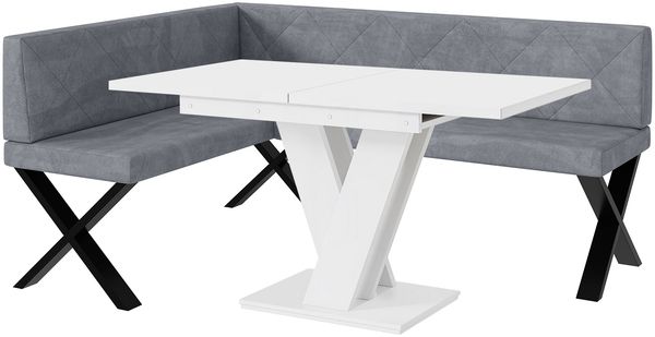 MEBLINI Eckbank für Esszimmer mit ausziehbarem Tisch - Küchenbank - Essecke - Sitzecke Küche - ERIC - X-Beine 128x168x87cm Links - Grau Samt/M Weiß Matt