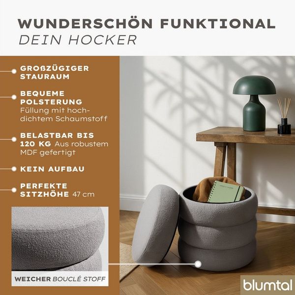 Blumtal Hocker mit Stauraum rund, Bouclé-Bezug - robuster Sitzhocker mit Stauraum & Bouclé-Stoff-Bezug extra weich 42 x 42 x 47 cm - schöner Pouf mit Verstauraum - Hocker Beige/Creme