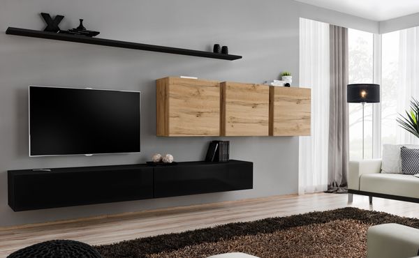 Hängende Wohnwand Switch VII in Schwarz und Wotan 340 x 150 cm 7-teilig