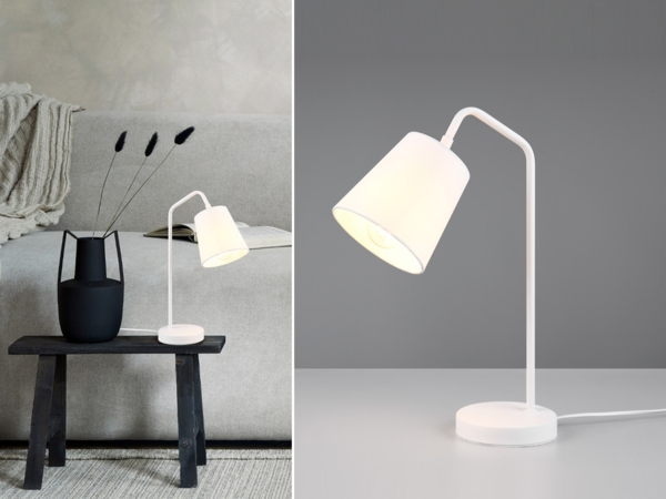 LED Tischleuchte Spot schwenkbar, aus Metall & Stoffschirm in Weiß, Höhe 45cm