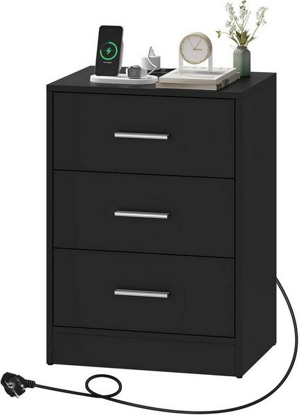 Woltu Nachttisch (1-St), mit Ladefunktion, Steckdose, 3 Schubladen, Modern