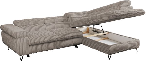 Ecksofa mit Bettfunktion, Modern Sofa, L-form, Einstellbare Kopfstützen, Bettkasten - PETER - Hellbraun Cord - Topper T25 - rechts Bild 5