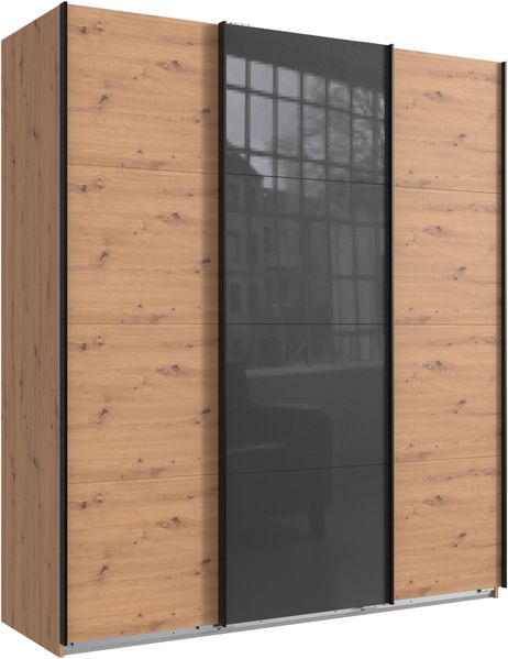 Schwebetürenschrank Kleiderschrank B180 cm H208 cm 3-trg. Eiche Artisan Dekor, 1 Tür Glas Grau