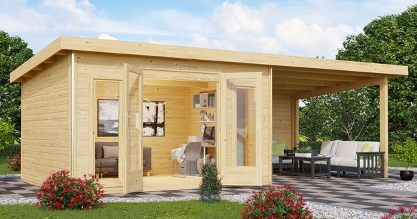Gartenhaus Radeburg 2 - 369x309 cm plus Anbaudach 3,30m mit Rückwand, 40 mm Holz naturbelassen, Karibu