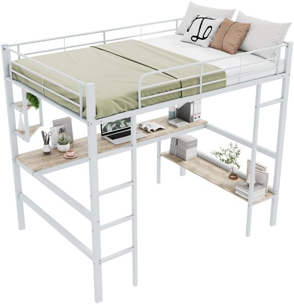 Weißes Metall-Hochbett 140×200cm mit Schreibtisch, 4 kleinen Eckregalen + großem Bücherregal, Stahl+E1-MDF, Weiß, ohne Lattenrost & Matratze, Gesamt L204 × T145 × H180 cm