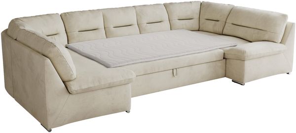 Ecksofa, Sofa big XXL, Wellenfedern, Wohnlandschaft XXL, mit Schlaffunktion - COMODO U - Beige Velours - Topper T25 Bild 5