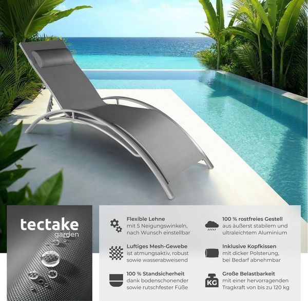 tectake Gartenliege Aluminium Sonnenliege, wetterfest und UV-beständig, 180 x 59 x 50 cm, Balkonliege Alina, 2 St, für Außen in Grau, Textilene-Gewebe, verstellbare Rückenlehne, abnehmbares Kopfpolster