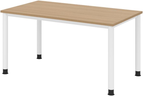 bümö höhenverstellbarer Schreibtisch H-Serie 140x80 cm in Eiche, Gestell in Weiß - PC Tisch für's Büro manuell höhenverstellbar, Computertisch verstellbar, HS-14-E-W