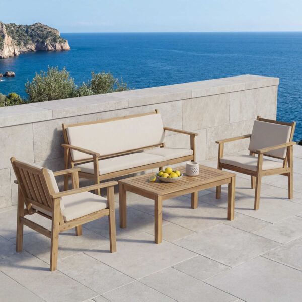 Garten-Garnitur HWC-O19, Lounge-Set Sitzgruppe Bank Sessel Tisch, Holz Akazie FSC® Stoff/Textil (180g/m²) ~ Kissen beige